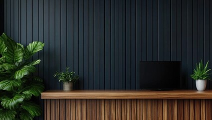 Dark, modern reception area with plants and wooden shelf