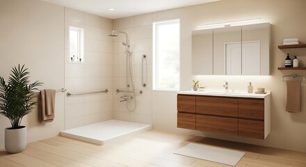 Modern Accessible Bathroom Design with Walk-In Shower and Vanity, Neutral Tones