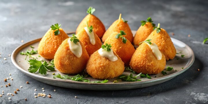 A plate of crispy coxinhas de frango on a grey background