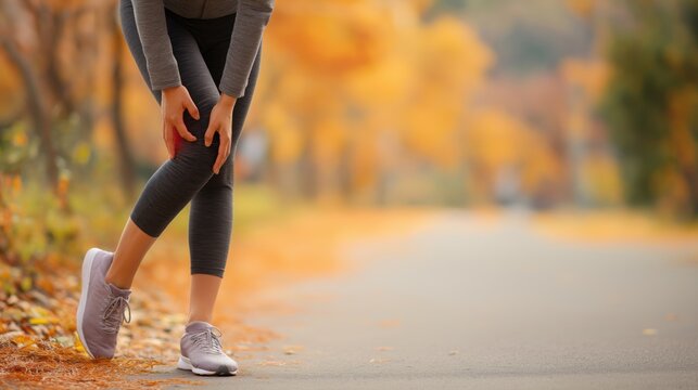 Injured Female Jogger in Autumn Park &ndash; Fitness Woman Clutching Leg on Trail &ndash; Muscle Cramp Concept with Copy Space