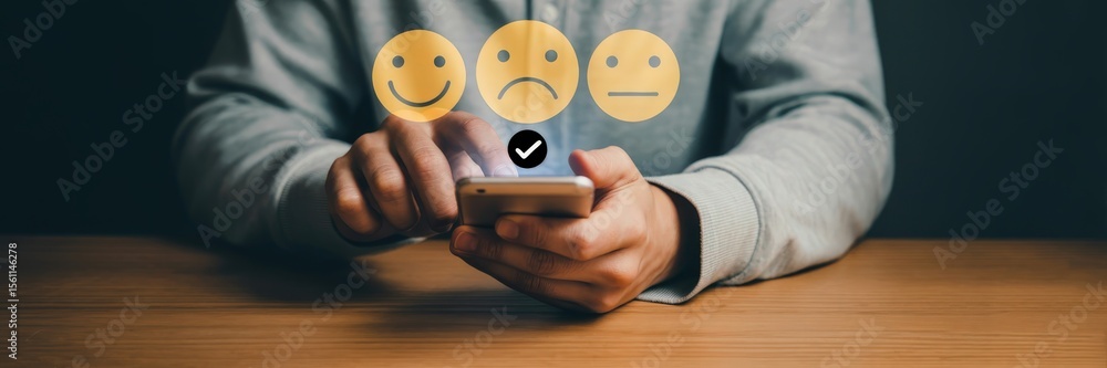 Poster close-up of person using a smartphone for customer feedback.