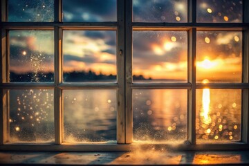 Serene Sunset View Through a Frosty Window Pane, Illuminating a Tranquil Water Scene