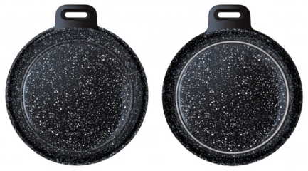 Two round dark gray pans with speckled surface, handles
