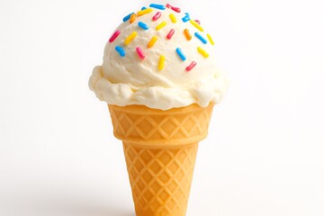 Delicious vanilla ice cream cone topped with colorful sprinkles on a white background