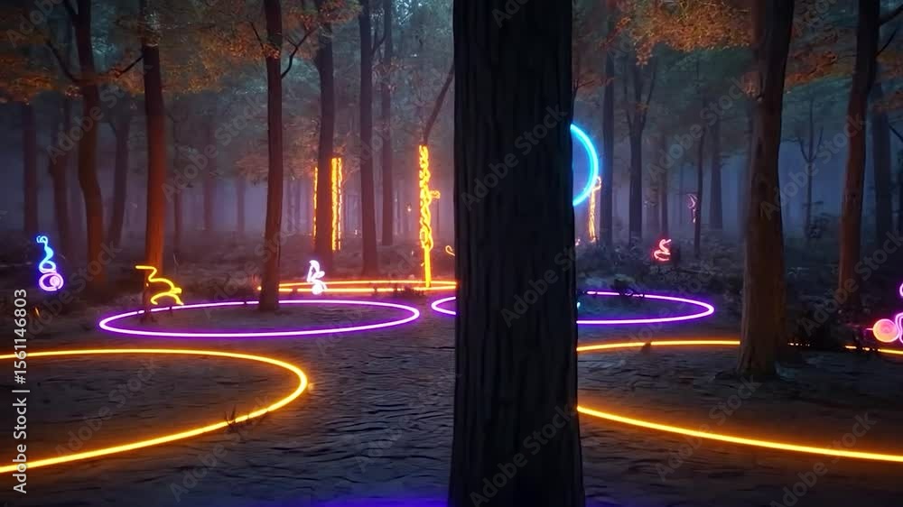 Poster illuminated path through forest with neon lights including circles and linear shapes in orange purpl
