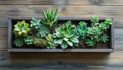 Succulents in a wooden planter box on a rustic wooden surface