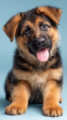 Adorable German Shepherd Puppy with Tongue Out on Blue Background