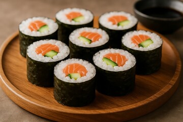 Fresh salmon and cucumber sushi rolls artfully arranged on a wooden plate