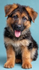Adorable German Shepherd Puppy with Tongue Out on Blue Background