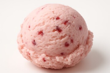 A single scoop of creamy pink ice cream with visible pieces of red fruit