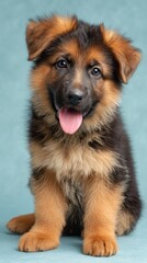 Adorable German Shepherd Puppy with Tongue Out on Blue Background