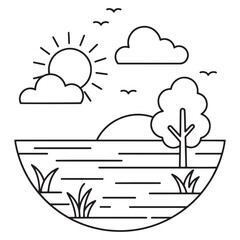 Simple black and white landscape illustration featuring sun clouds birds and nature elements