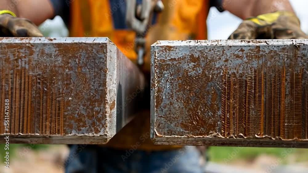 Poster close-up shot of two rusted metal beams held by a construction worker. the beams are rectangular and