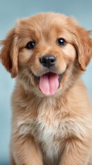Cute Golden Retriever Puppy Smiling with Tongue Out on Blue Background