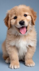 Cute Golden Retriever Puppy Smiling with Tongue Out on Blue Background