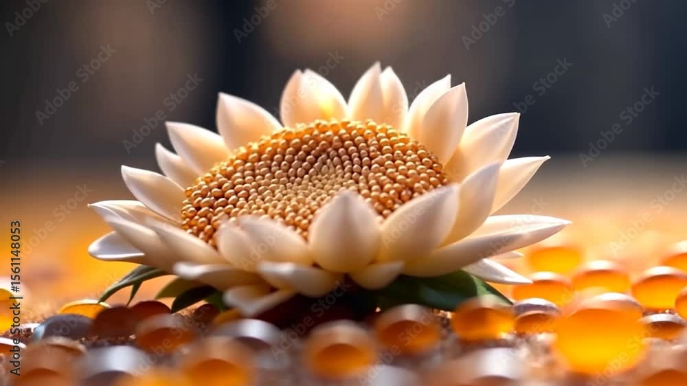 Poster close-up view of a flower resembling a sunflower with soft white petals and a golden center bathed i
