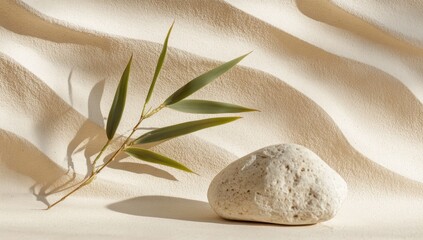 Beige sand background, bamboo leaves, smooth stone.  Soft sunlight highlights