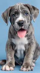 Cute Gray Great Dane Puppy Smiling with Tongue Out on Blue Background