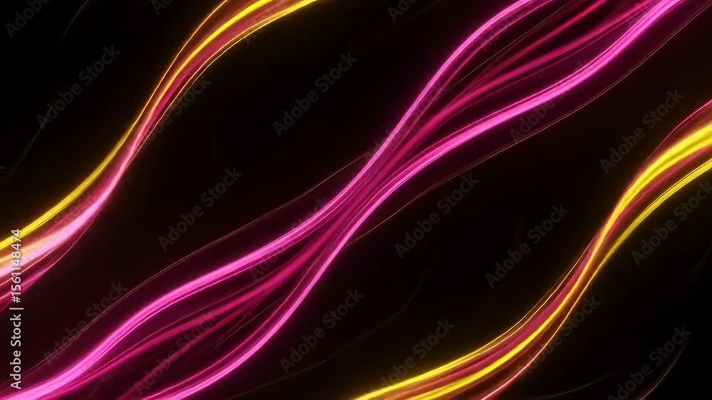 Poster dynamic graphic background with neon glowing wave lines in pink and yellow, suitable for abstract an