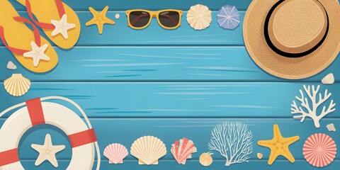 Summer vacation essentials arrayed on a bright blue wooden background vector illustration