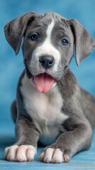 Cute Gray Great Dane Puppy Smiling with Tongue Out on Blue Background