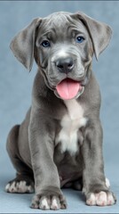 Cute Gray Great Dane Puppy Smiling with Tongue Out on Blue Background