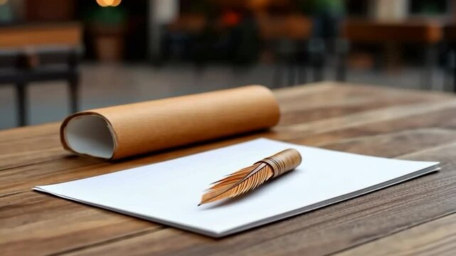 Close up shot of wooden desk with a blank paper a pen and a roll up document case. The background is blurred and the lighting is warm