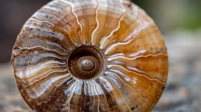 Close-up view of a fossilized ammonite shell displaying intricate spiral patterns and earthy brown tones against a blurred backdrop