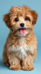 Cute Baby Poodle Puppy with Big Eyes and Tongue Out on Blue Background