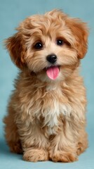 Cute Baby Poodle Puppy with Big Eyes and Tongue Out on Blue Background