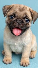 Cute Baby Pug Puppy with Big Eyes and Tongue Out on Blue Background