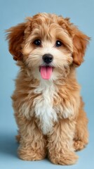 Cute Baby Poodle Puppy with Big Eyes and Tongue Out on Blue Background