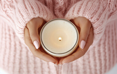 Woman holding a lit candle wearing a pink sweater in a close up studio shot