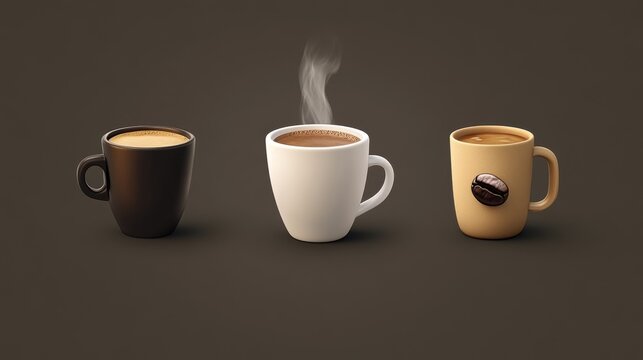 104.A 3D-rendered set of coffee icons, showcasing a cup, a bean, and a steaming mug. The icons are simple yet elegant, perfect for use in branding, mobile apps, or any digital design project related