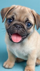 Cute Baby Pug Puppy with Big Eyes and Tongue Out on Blue Background