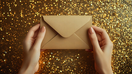 Hands holding elegant gold envelope on shimmering golden background invitation gift voucher luxury event festive celebration