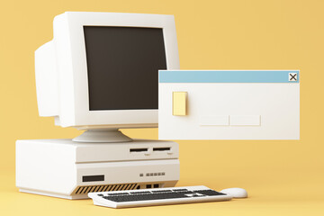Retro computer setup with dialog window pop-up, minimal color palette and 3D style, evoking early UI design nostalgia. 3d rendering.