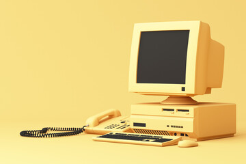 Classic analog computer with keyboard, mouse, and rotary phone, styled in full yellow tones with nostalgic vintage charm. 3d rendering.