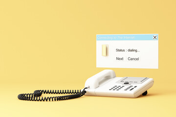Old dial-up telephone with pop-up internet connection status window, reflecting early days of online access. 3d rendering.