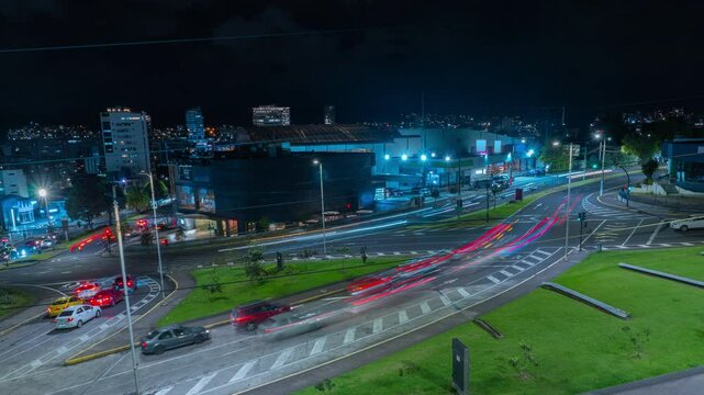 Time-lapse of panoramic night view of car traffic on the streets of the northern part of Quito - Ecuador