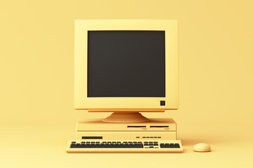 Vintage desktop computer in monochrome yellow tones, featuring CRT monitor, floppy drives, and keyboard in minimalist 3d rendering.
