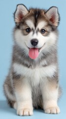 Cute Baby Siberian Husky with Big Eyes and Tongue Out on Blue Background