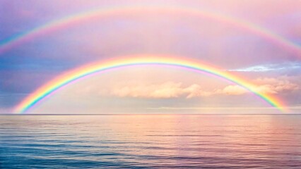 Double rainbow over calm ocean water during sunset with colorful sky
