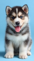 Cute Baby Siberian Husky with Big Eyes and Tongue Out on Blue Background