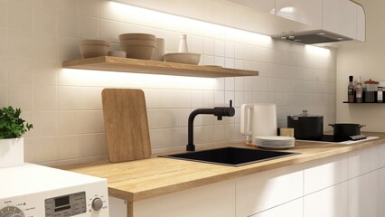 Brown wooden kitchen countertop, white cabinet counter with black sink, induction stove, led light from cupboard for modern, minimal, luxury interior design decoration background 3D