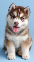 Cute Baby Siberian Husky with Big Eyes and Tongue Out on Blue Background