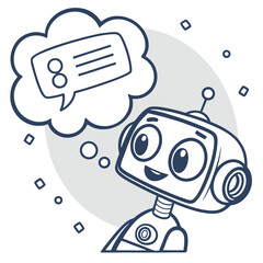 Obraz premium Cartoon robot with a speech bubble thinking about text and circles on a grey and white background design