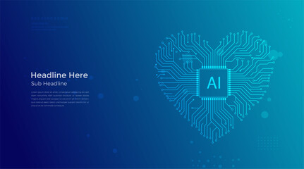 Artificial Intelligence Heart Circuit Board on Blue Gradient Technology Background with Copy Space