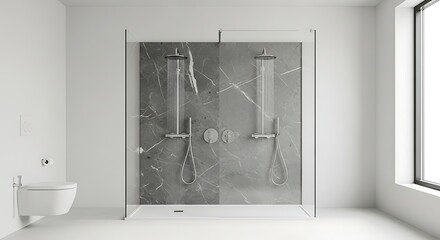 Modern bathroom with dual showers, marble accents and minimalist design provides elegance