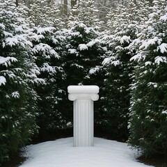 Column in snow between winter evergreen trees